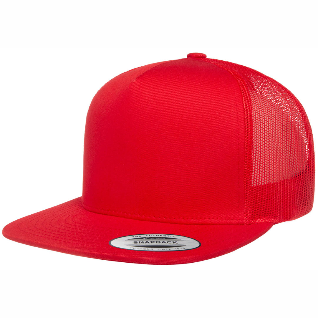 House of Uniforms The Flexfit YP Classic Flat Peak Trucker Cap Flexfit Red