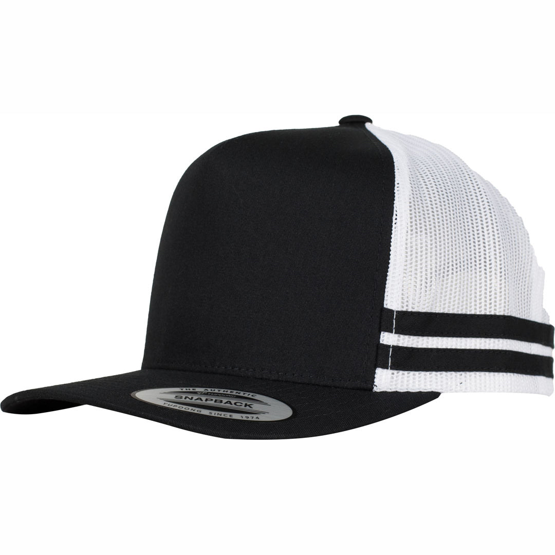 House of Uniforms The Flexfit YP Stripe Trucker Cap Flexfit Black/White