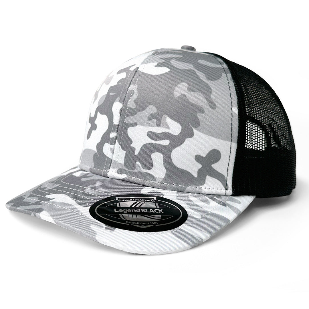 House of Uniforms The Snow Camo Trucker Cap | 6 Panel Legend Black