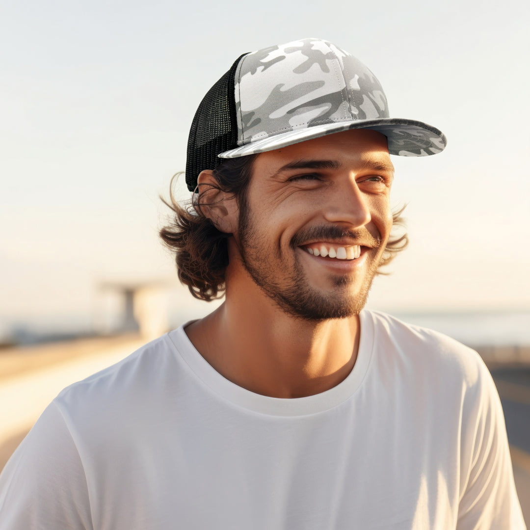 House of Uniforms The Snow Camo Trucker Cap | 6 Panel Legend Black