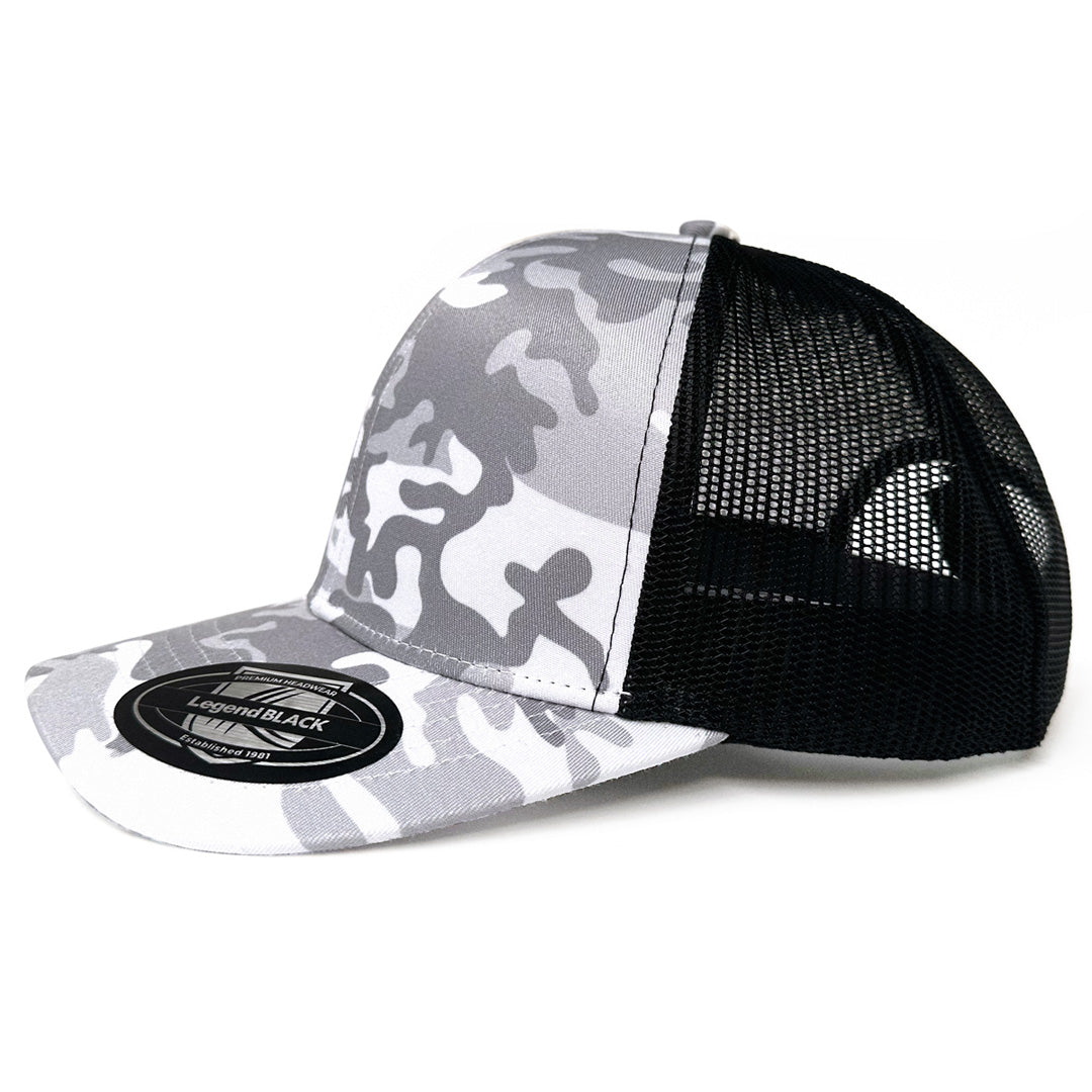 House of Uniforms The Snow Camo Trucker Cap | 6 Panel Legend Black Silver