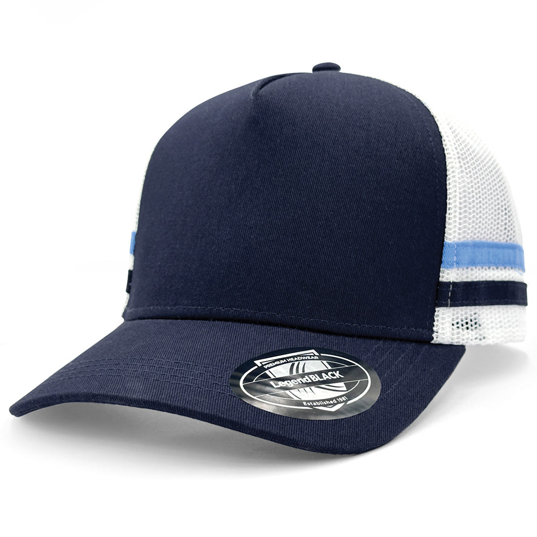 House of Uniforms The Striped Trucker Cap Legend Black Navy/White/Sky