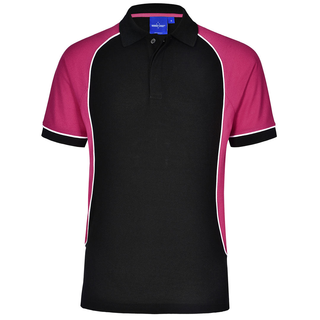 House of Uniforms The Arena Tri-Colour Polo | Mens Winning Spirit Black/White/Magenta