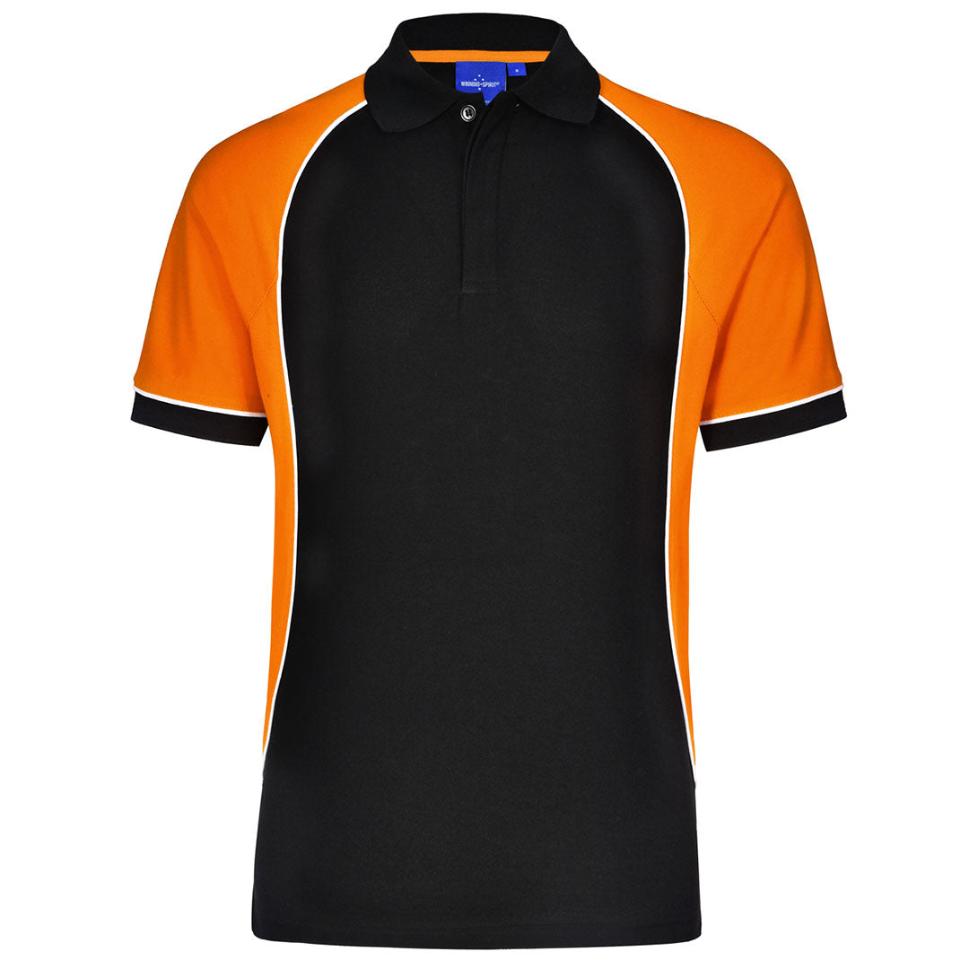 House of Uniforms The Arena Tri-Colour Polo | Mens Winning Spirit Black/White/Orange