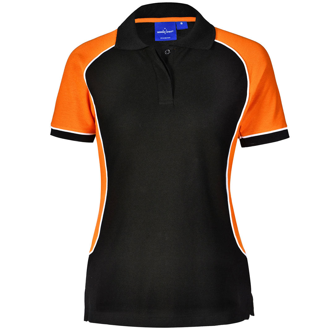 House of Uniforms The Arena Tri-Colour Polo | Ladies Winning Spirit Black/White/Orange