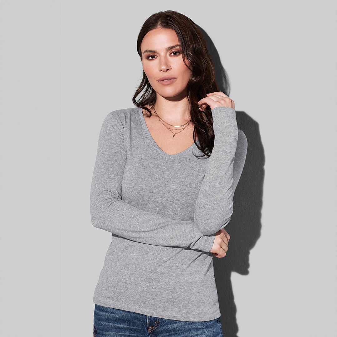 House of Uniforms The Claire V Neck Tee | Long Sleeve | Ladies Stedman