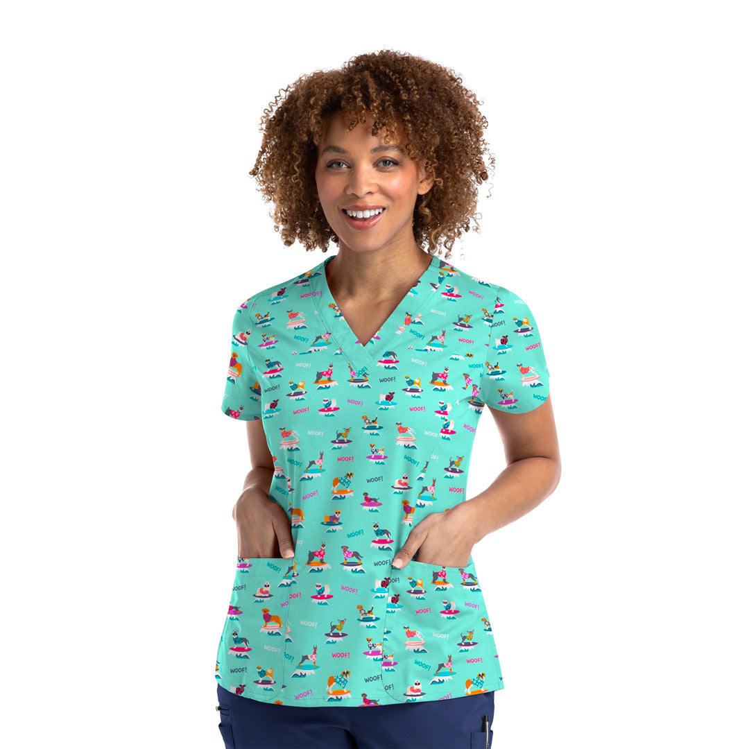 House of Uniforms The V Neck Printed Scrub Top | Ladies Maevn SURF