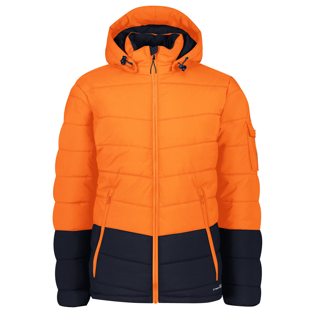 House of Uniforms The Hooded Puffer Jacket | Unisex Streetworx Orange/Navy