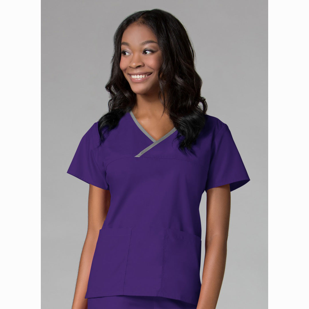 House of Uniforms The Core Contrast Wrap Scrub Top | Ladies Maevn Purple