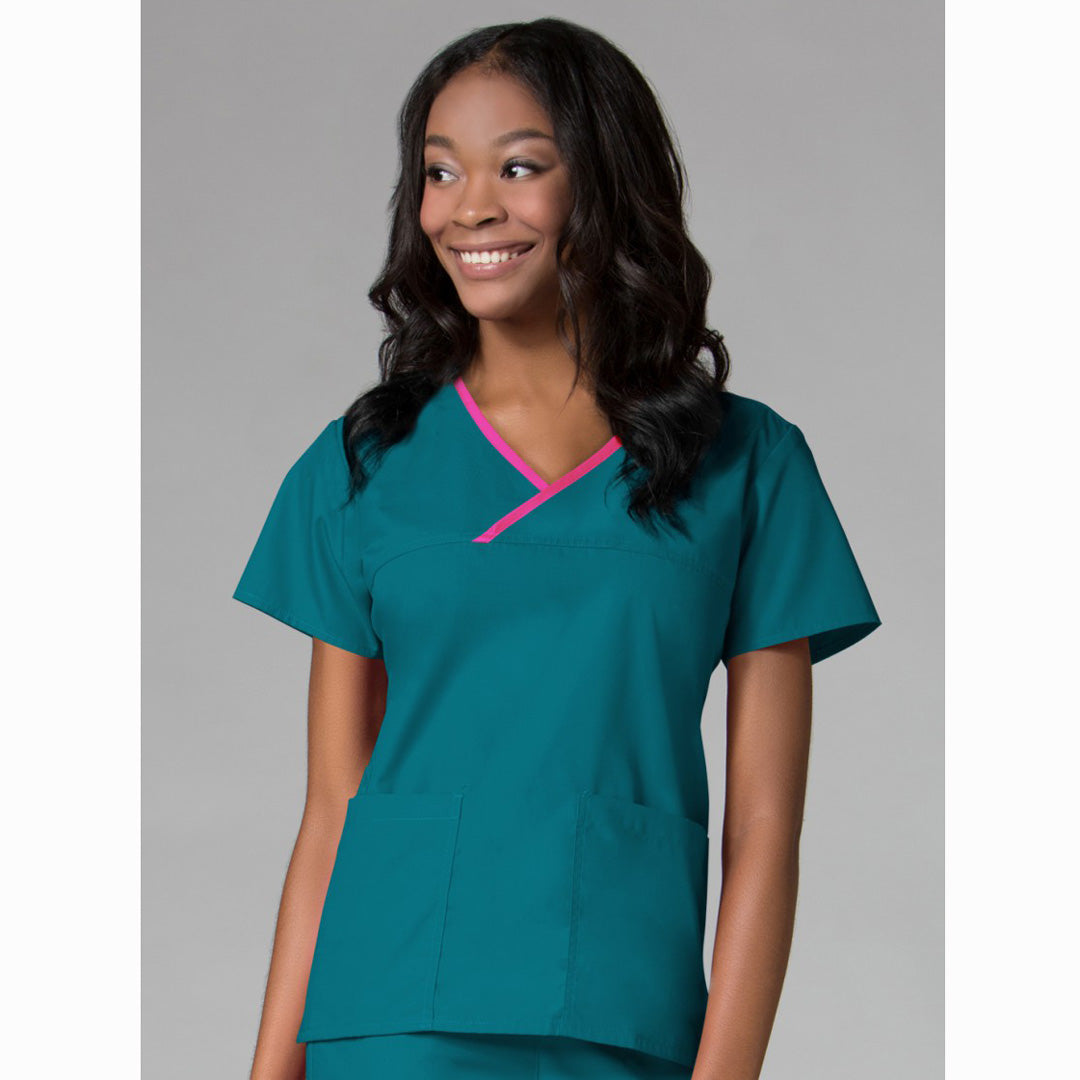 House of Uniforms The Core Contrast Wrap Scrub Top | Ladies Maevn Teal