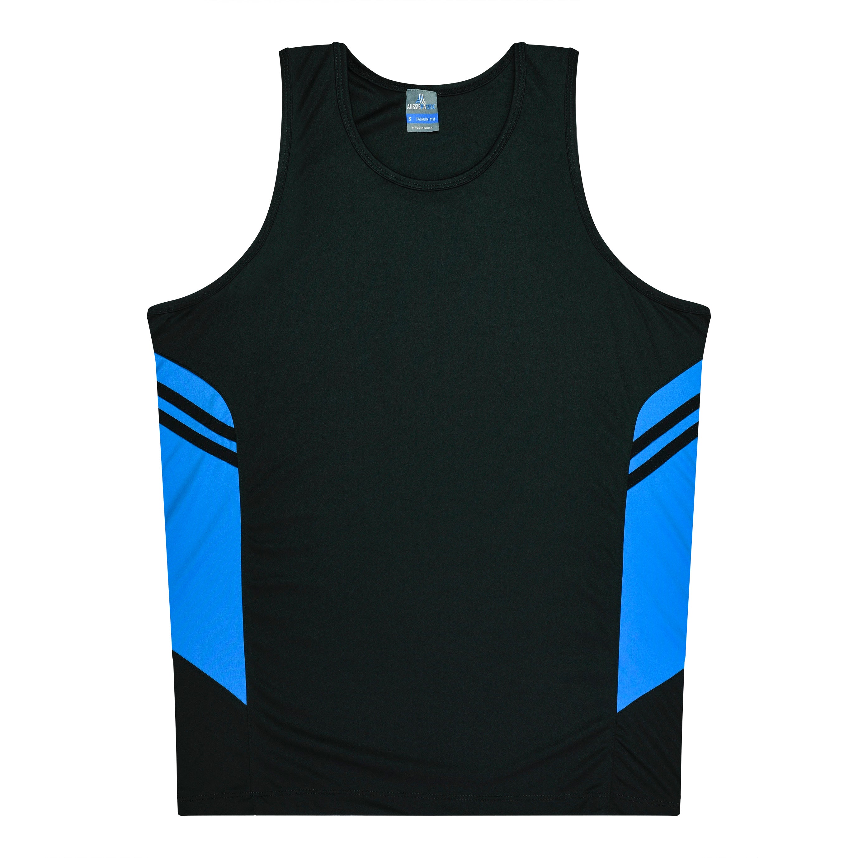 House of Uniforms The Tasman Singlet | Mens | Black Base Aussie Pacific Black/Cyan