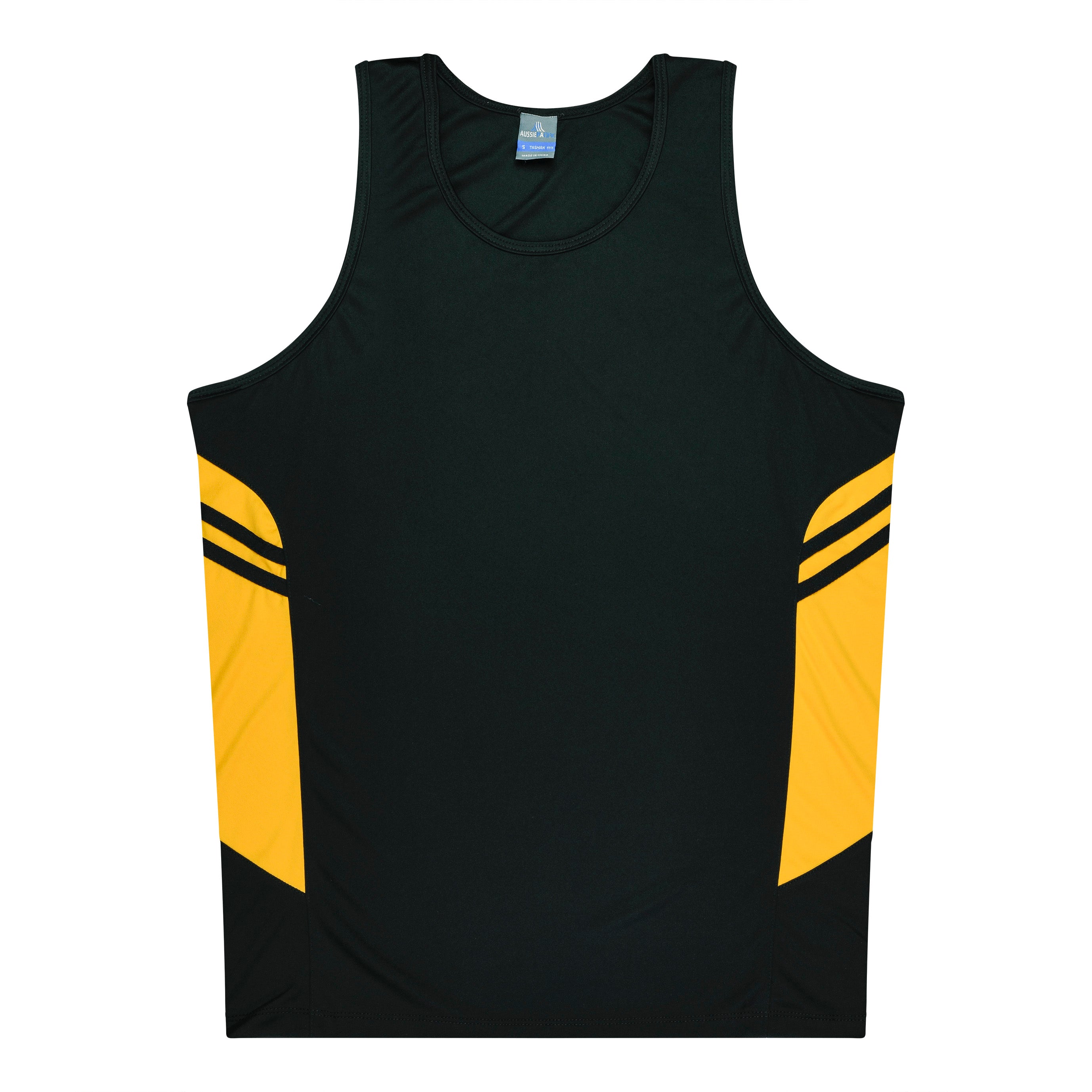 House of Uniforms The Tasman Singlet | Mens | Black Base Aussie Pacific Black/Gold