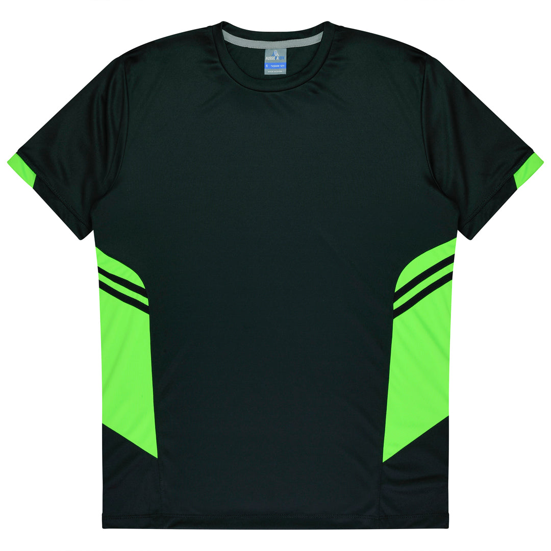 House of Uniforms The Tasman Tee | Mens | Short Sleeve | Black Base Aussie Pacific Black/Neon Green