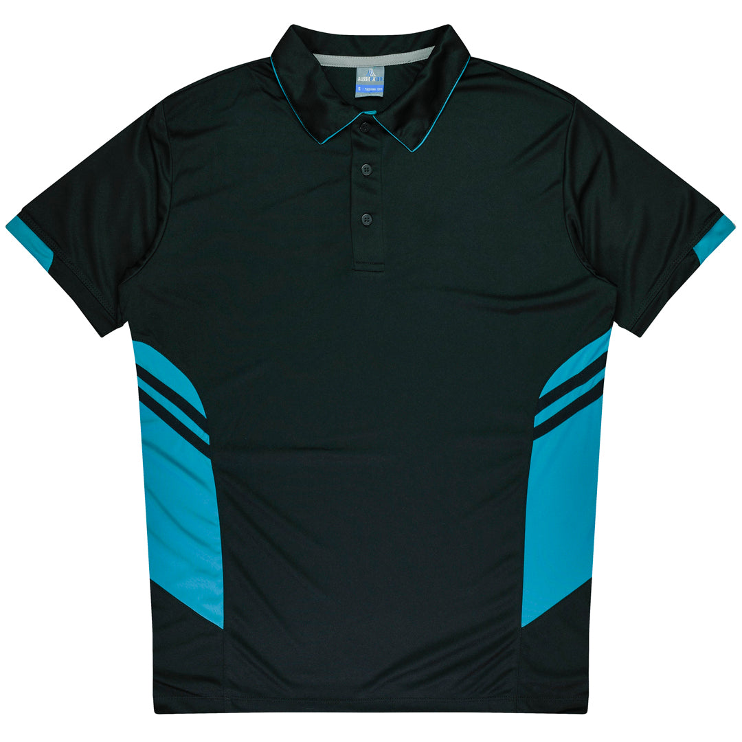 House of Uniforms The Tasman Polo | Mens | Short Sleeve | Black Base Aussie Pacific Black/Teal