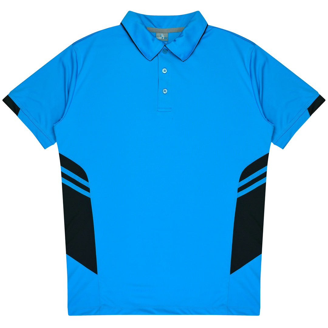 House of Uniforms The Tasman Polo | Mens | Short Sleeve | Blue Base Aussie Pacific Cyan/Black