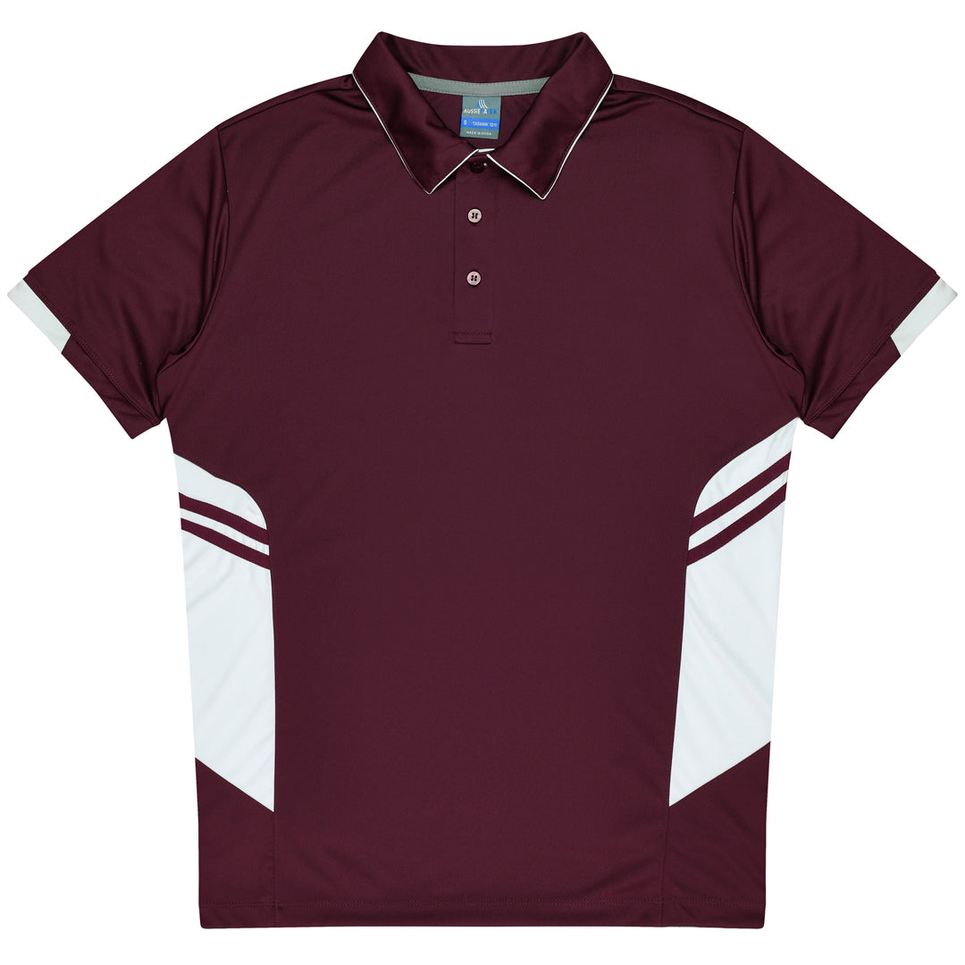 House of Uniforms The Tasman Polo | Mens | Short Sleeve | Mixed Base Aussie Pacific Maroon/White