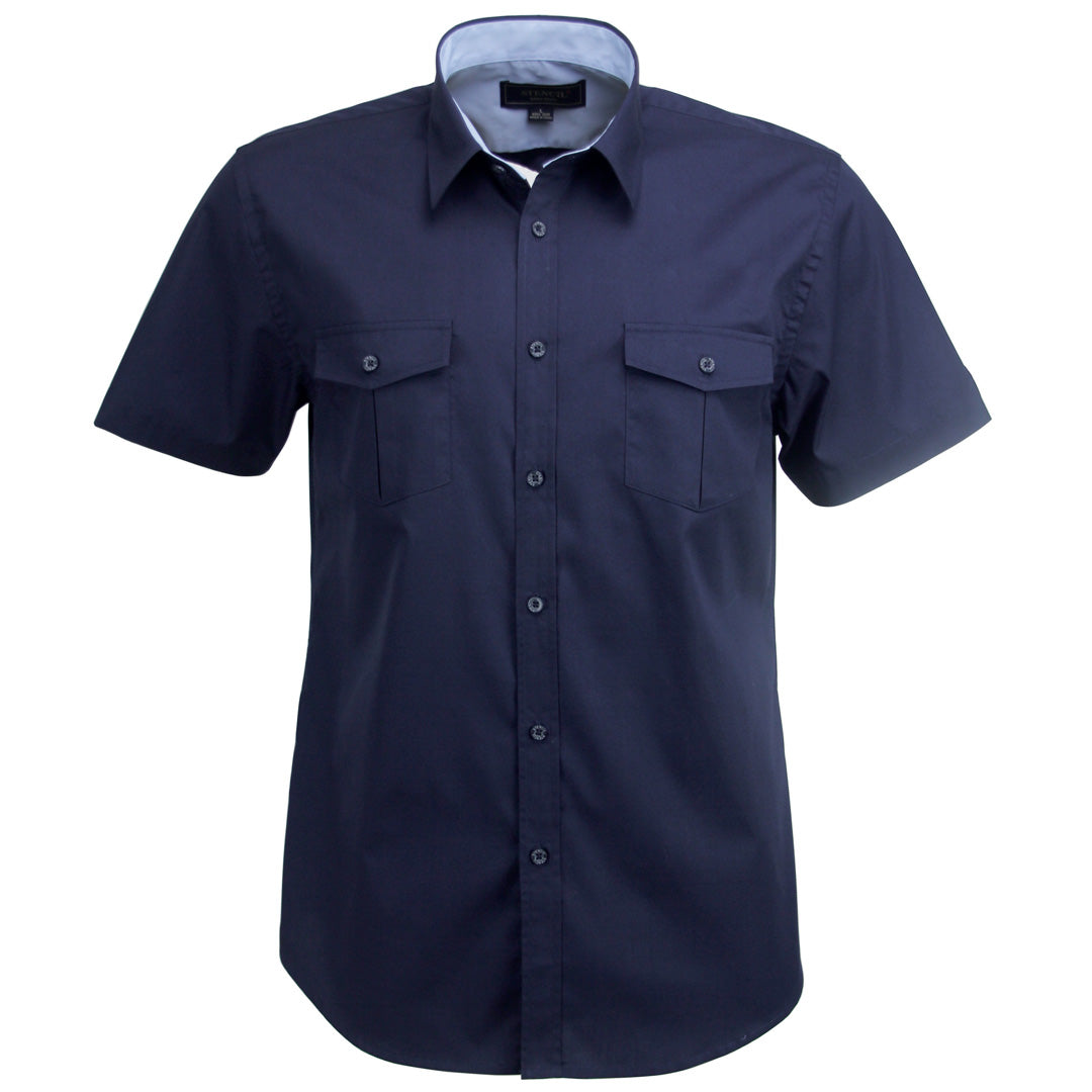 House of Uniforms The Hospitality Nano Shirt | Mens | Short Sleeve Stencil Navy