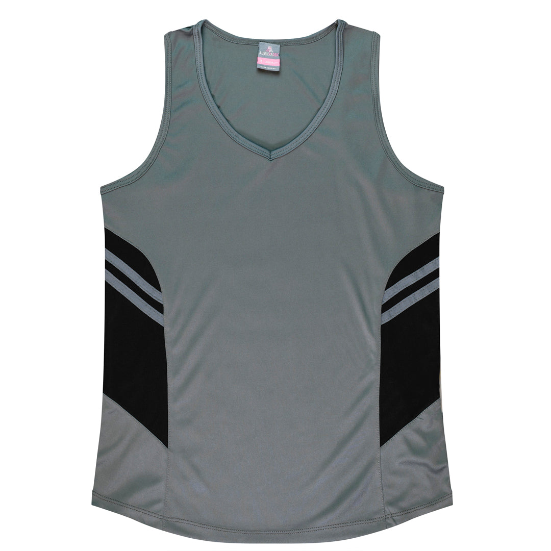 House of Uniforms The Tasman Singlet | Ladies | Grey Base Aussie Pacific Ashe/Black