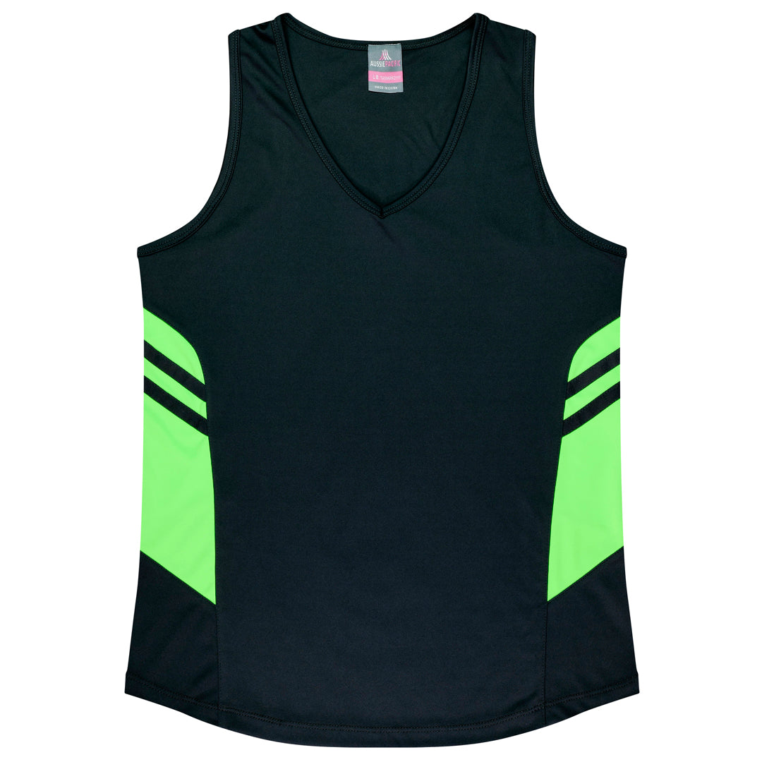 House of Uniforms The Tasman Singlet | Ladies | Black Base Aussie Pacific Black/Neon Green