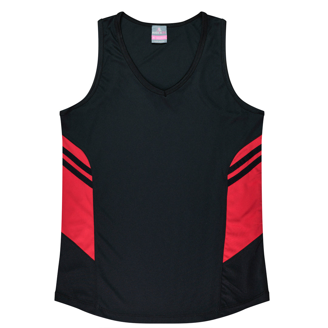 House of Uniforms The Tasman Singlet | Ladies | Black Base Aussie Pacific Black/Red