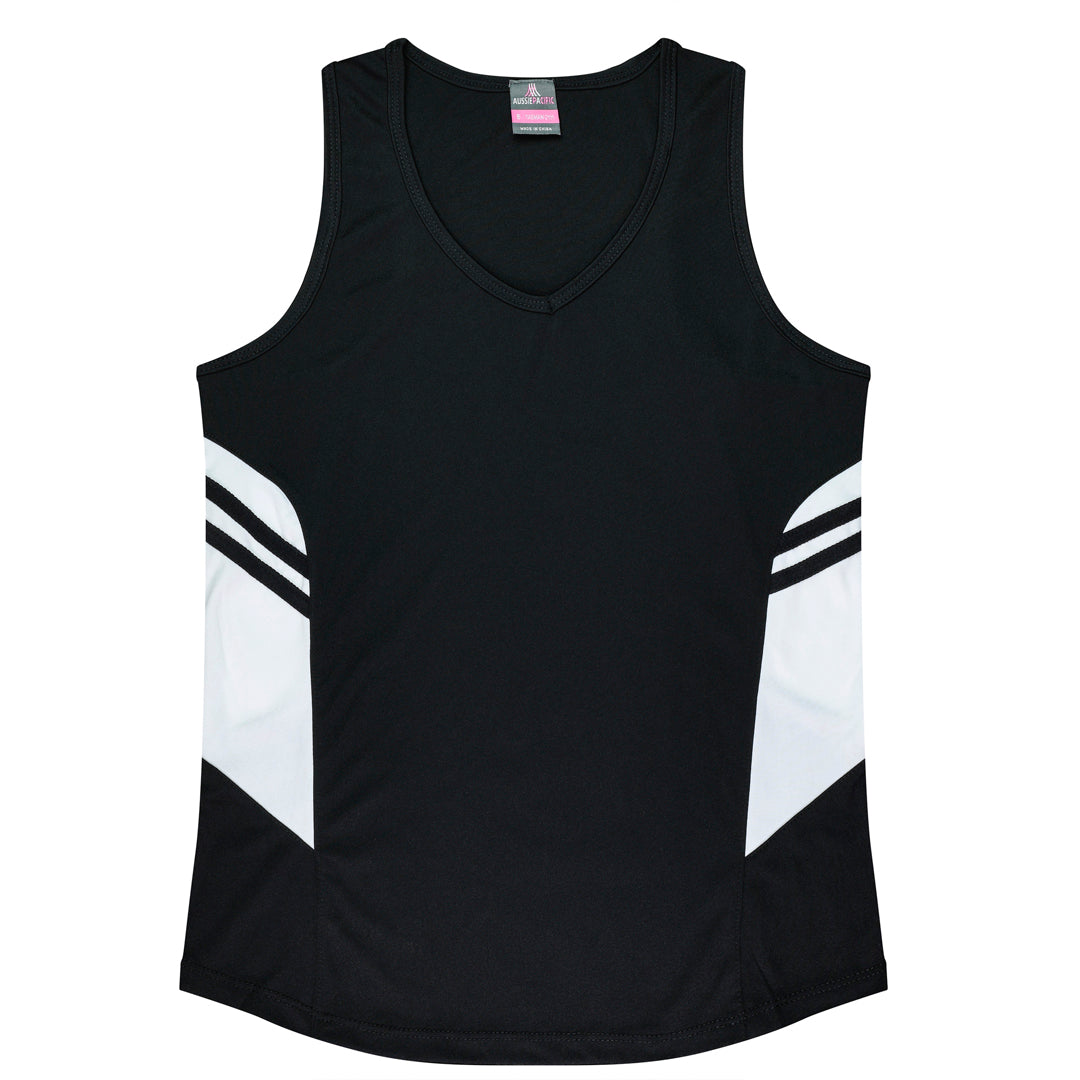 House of Uniforms The Tasman Singlet | Ladies | Black Base Aussie Pacific Black/White