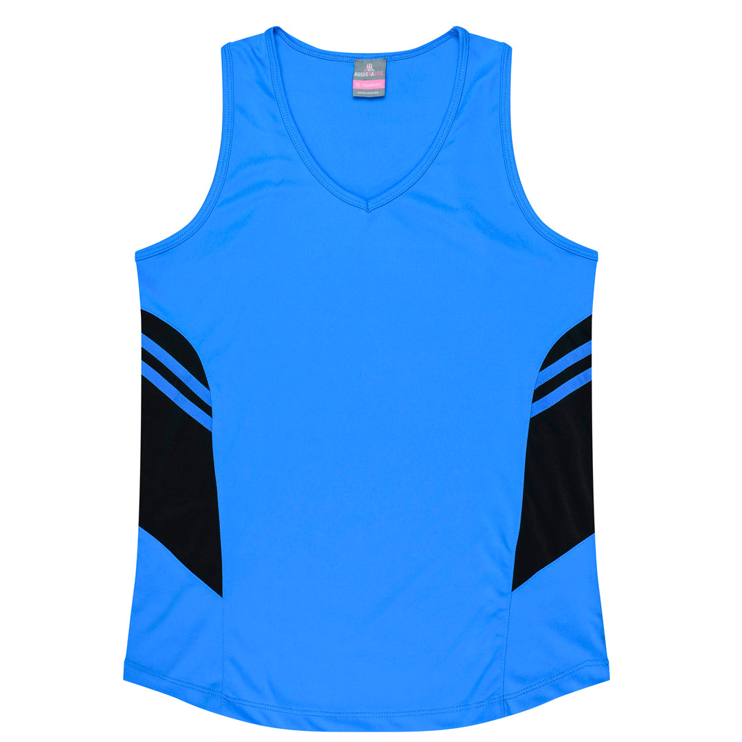 House of Uniforms The Tasman Singlet | Ladies | Blue Base Aussie Pacific Cyan/Black
