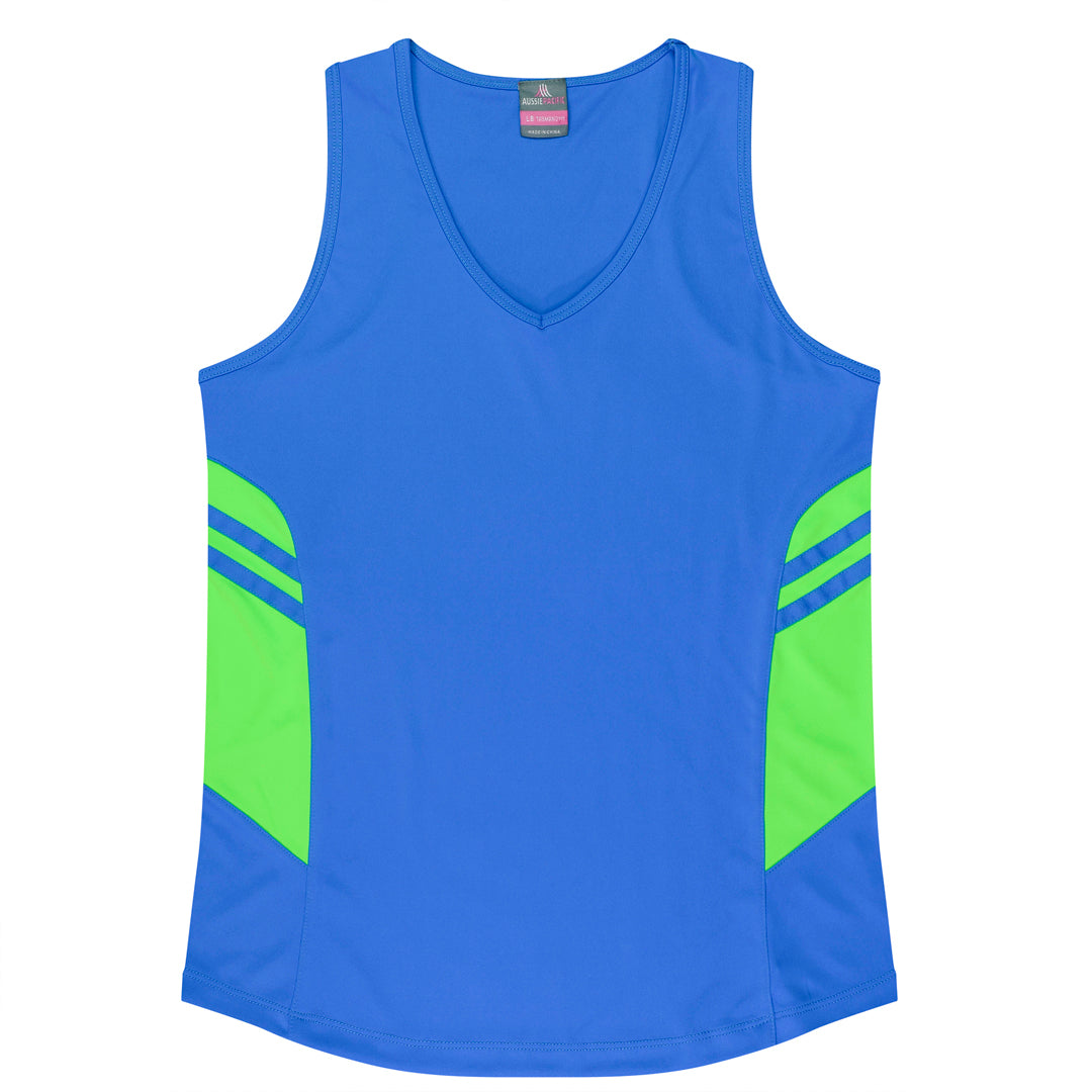 House of Uniforms The Tasman Singlet | Ladies | Blue Base Aussie Pacific Cyan/Neon Green