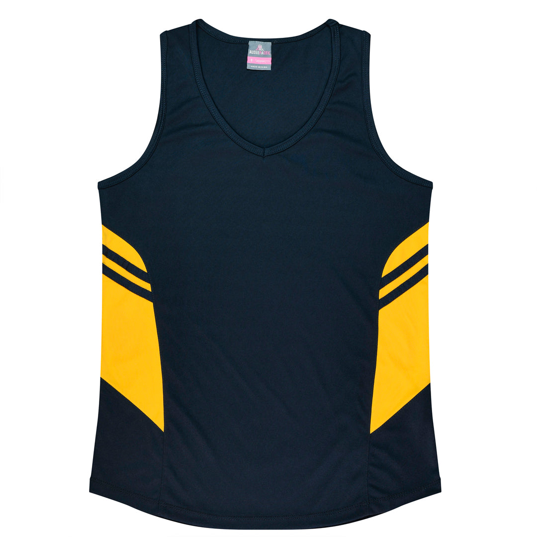 House of Uniforms The Tasman Singlet | Ladies | Navy Base Aussie Pacific Navy/Gold