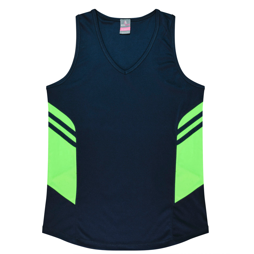 House of Uniforms The Tasman Singlet | Ladies | Navy Base Aussie Pacific Navy/Neon Green
