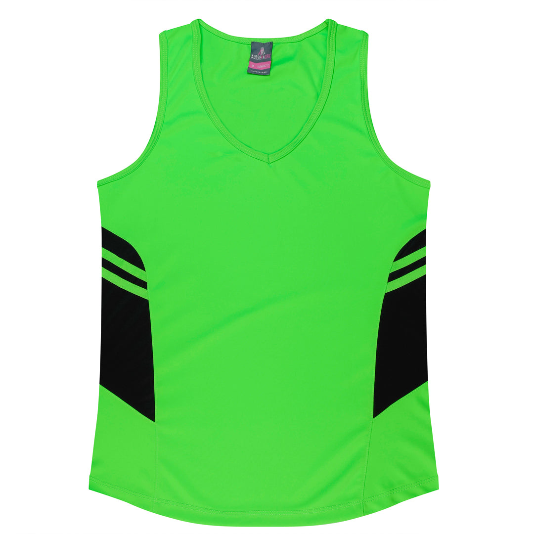 House of Uniforms The Tasman Singlet | Ladies | Neon Base Aussie Pacific Neon Green/Black
