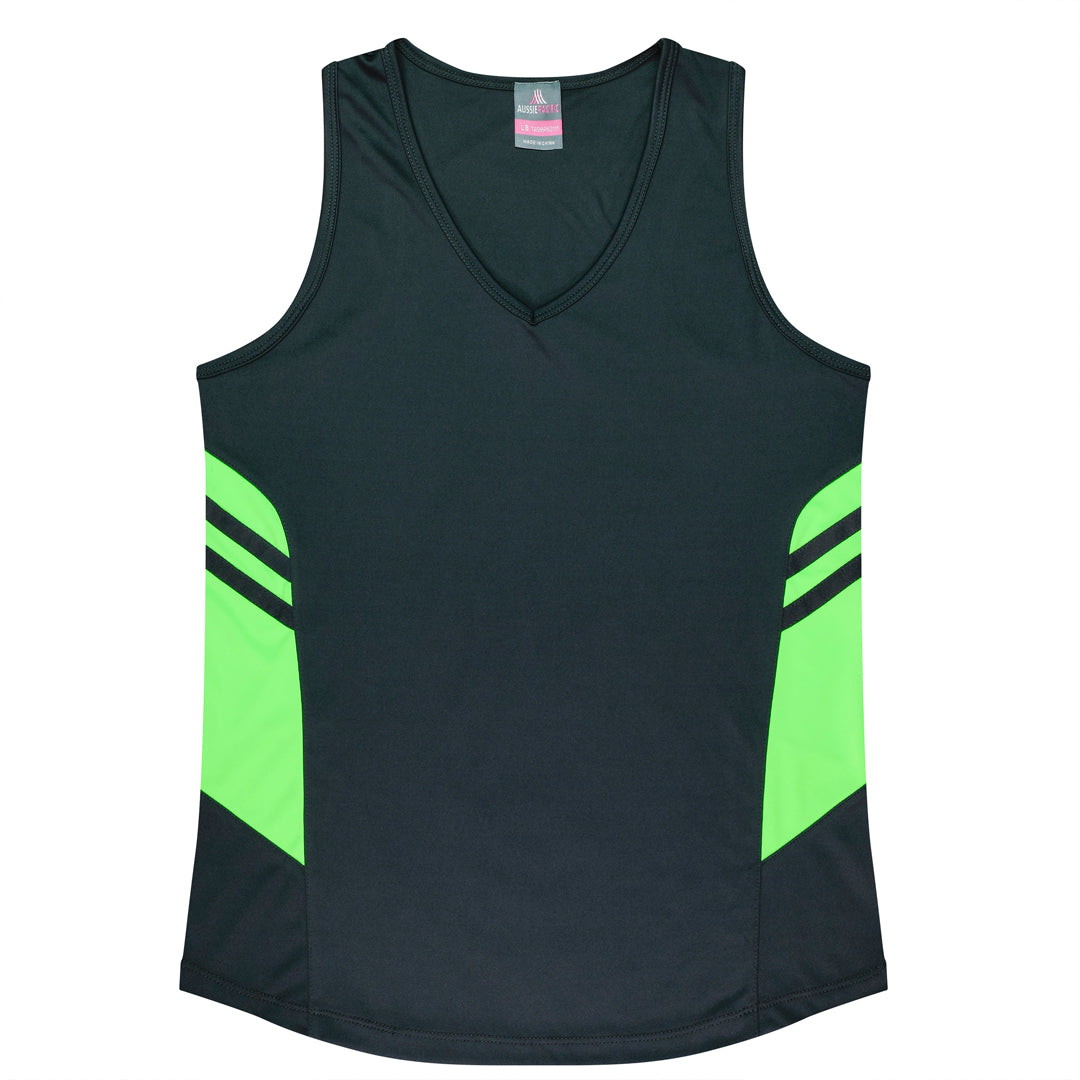 House of Uniforms The Tasman Singlet | Ladies | Grey Base Aussie Pacific Slate/Neon Green