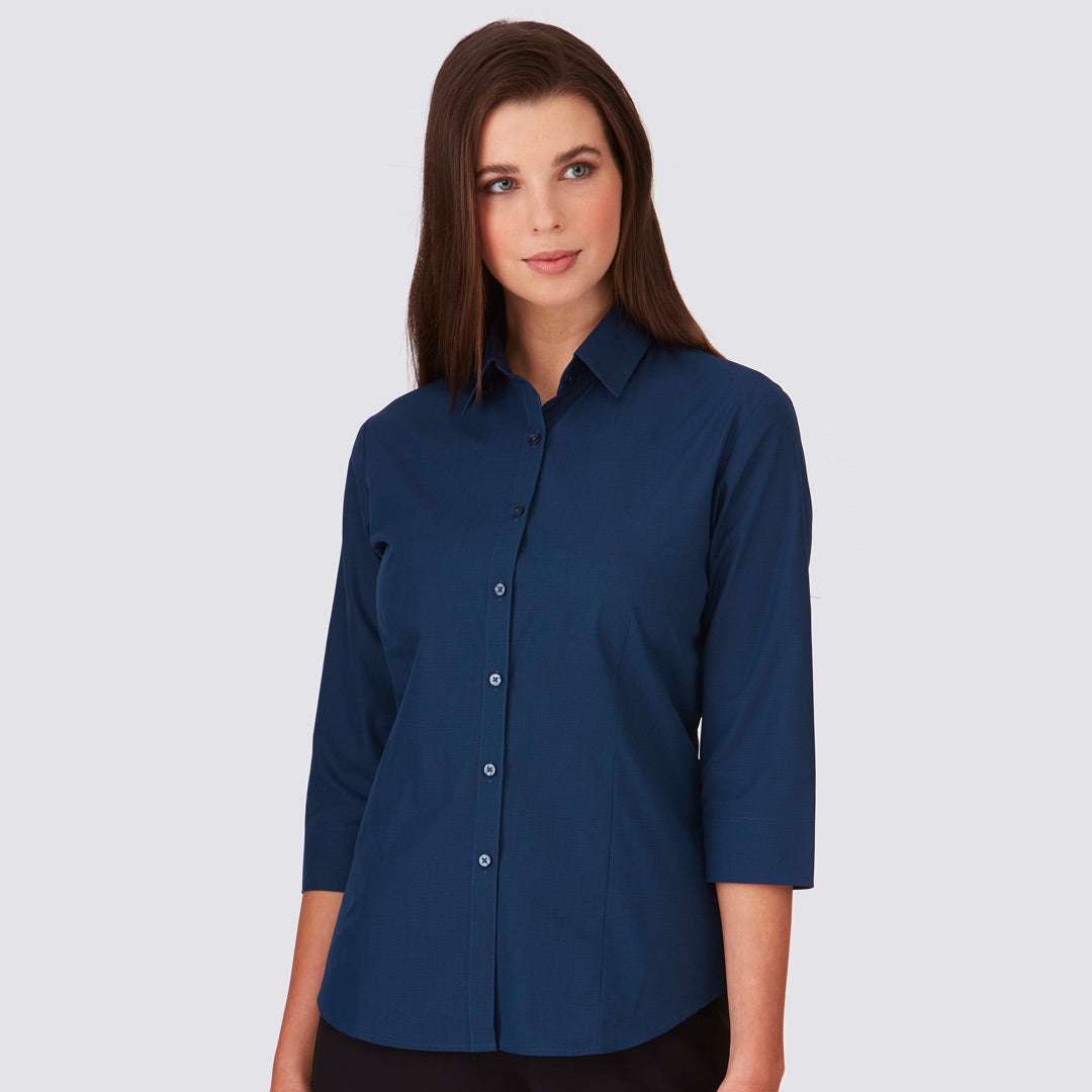 House of Uniforms The Micro Check Shirt | 3/4 Sleeve | Ladies City Collection Navy