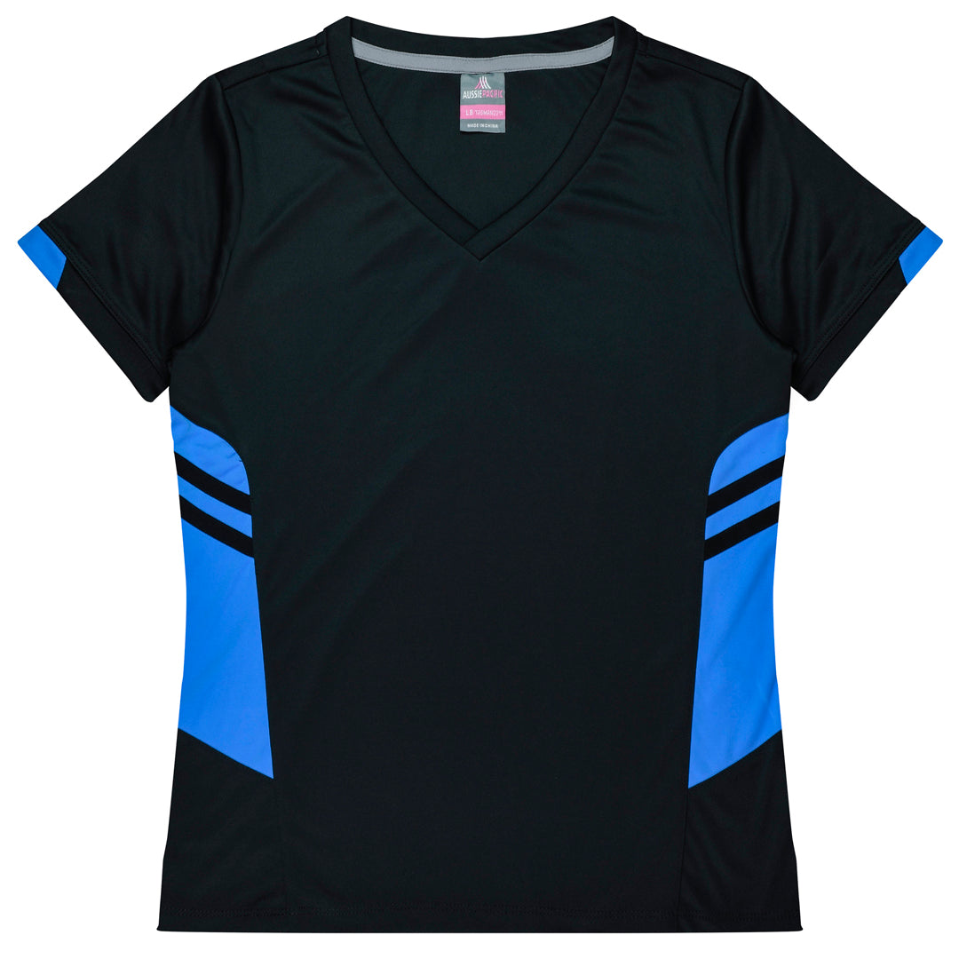 House of Uniforms The Tasman Tee | Ladies | Short Sleeve | Black Base Aussie Pacific Black/Cyan