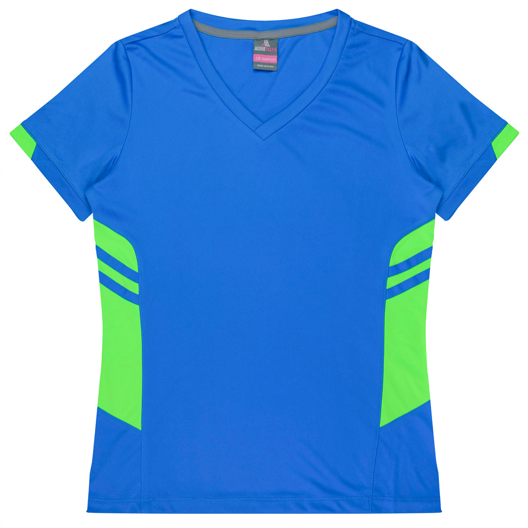 House of Uniforms The Tasman Tee | Ladies | Short Sleeve | Blue Base Aussie Pacific Cyan/Neon Green