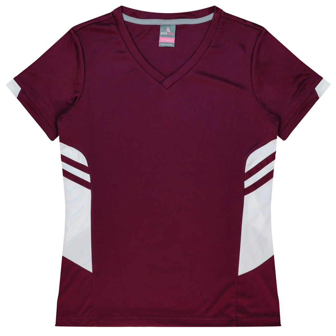 House of Uniforms The Tasman Tee | Ladies | Short Sleeve | Mixed Base Aussie Pacific Maroon/White