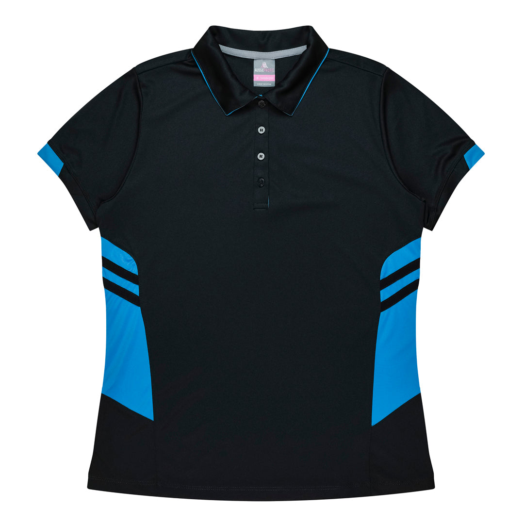 House of Uniforms The Tasman Polo | Ladies | Short Sleeve | Black Base Aussie Pacific Black/Cyan