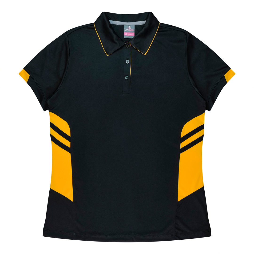 House of Uniforms The Tasman Polo | Ladies | Short Sleeve | Black Base Aussie Pacific Black/Gold