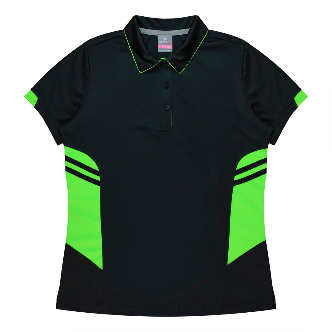 House of Uniforms The Tasman Polo | Ladies | Short Sleeve | Black Base Aussie Pacific Black/Neon Green