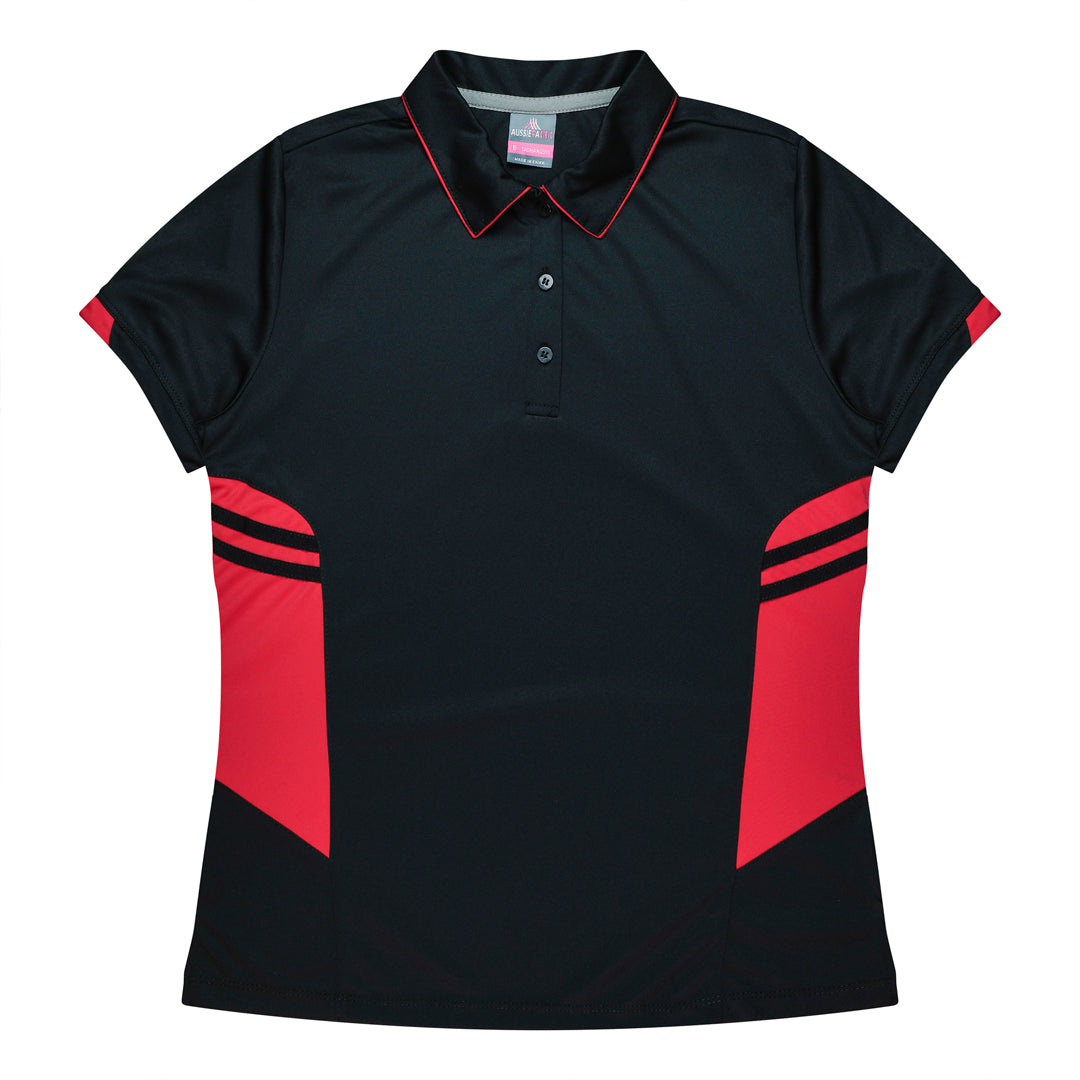 House of Uniforms The Tasman Polo | Ladies | Short Sleeve | Black Base Aussie Pacific Black/Red