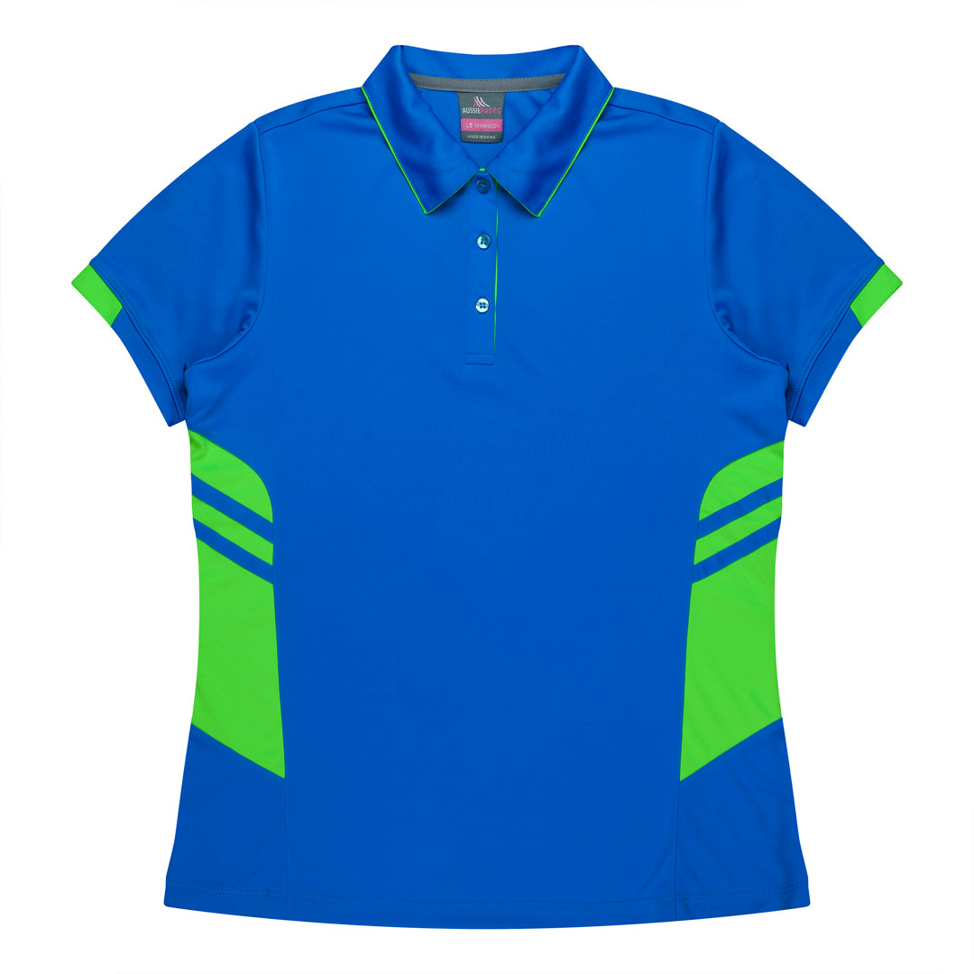 House of Uniforms The Tasman Polo | Ladies | Short Sleeve | Blue Base Aussie Pacific Cyan/Neon Green