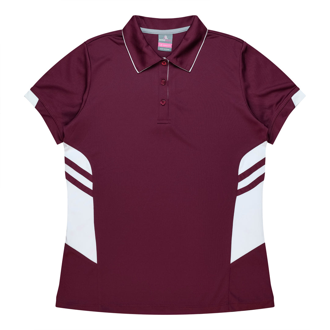 House of Uniforms The Tasman Polo | Ladies | Short Sleeve | Mixed Base Aussie Pacific Maroon/White