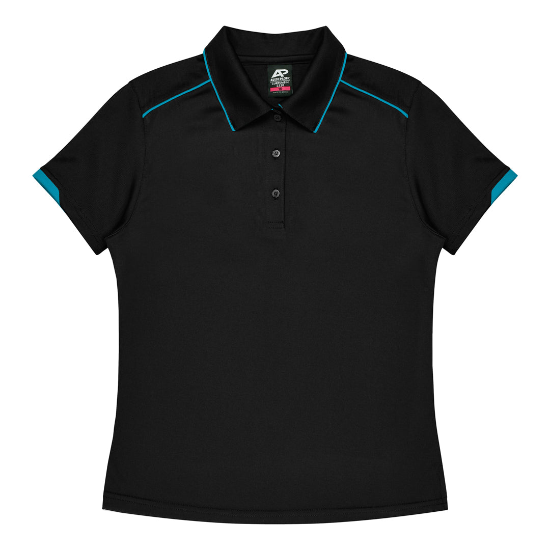 House of Uniforms The Currumbin Polo | Ladies | Plus | Short Sleeve Aussie Pacific Black/Cyan