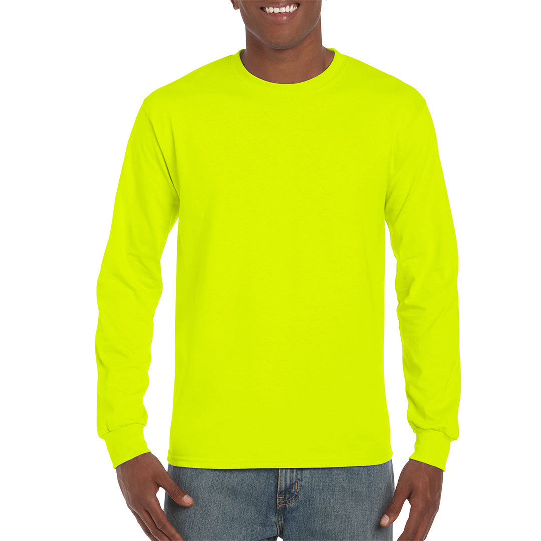 House of Uniforms The Ultra Cotton Tee | Long Sleeve | Adults Gildan Safety Green