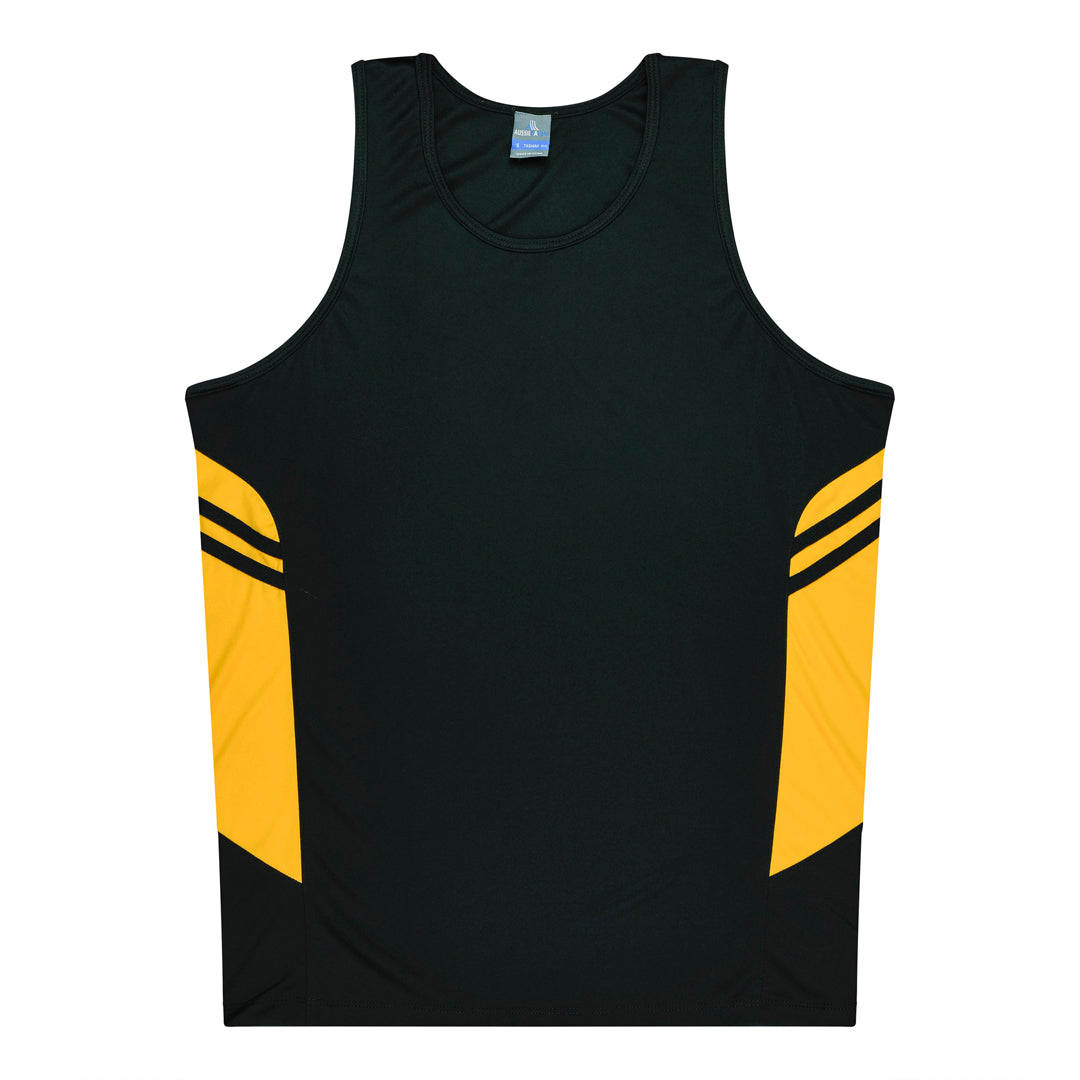 House of Uniforms The Tasman Singlet | Kids | Black Base Aussie Pacific Black/Gold