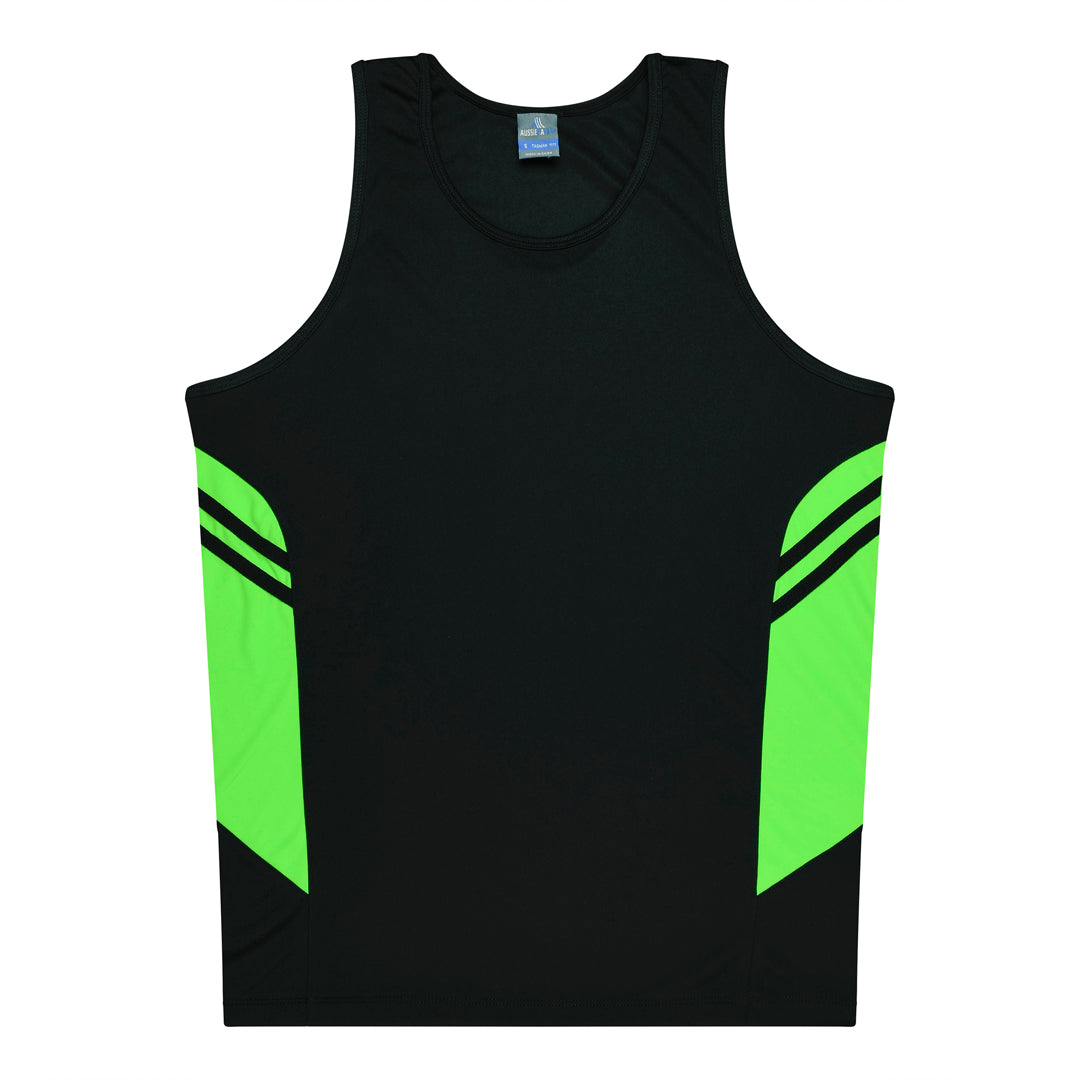 House of Uniforms The Tasman Singlet | Kids | Black Base Aussie Pacific Black/Neon Green