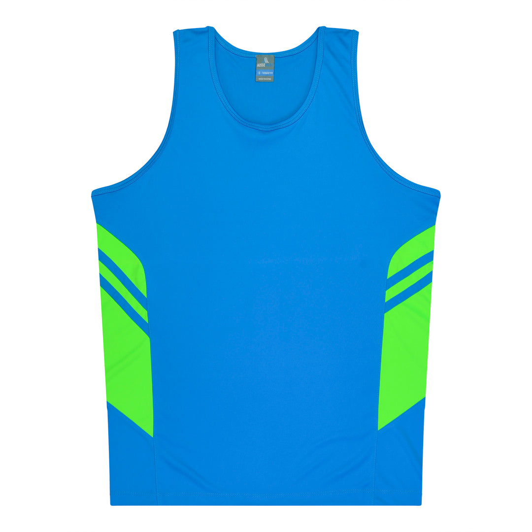 House of Uniforms The Tasman Singlet | Kids | Blue Base Aussie Pacific Cyan/Neon Green