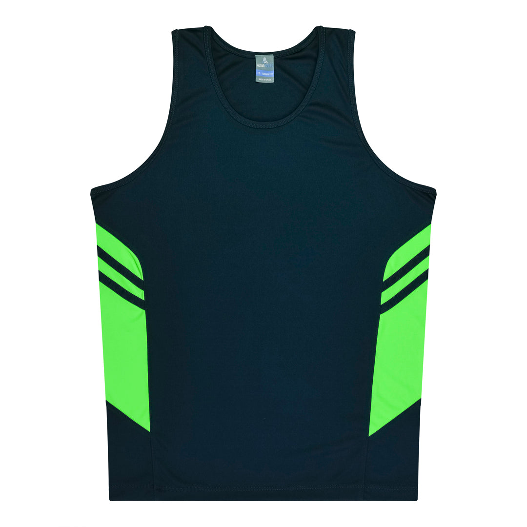 House of Uniforms The Tasman Singlet | Kids | Navy Base Aussie Pacific Navy/Neon Green