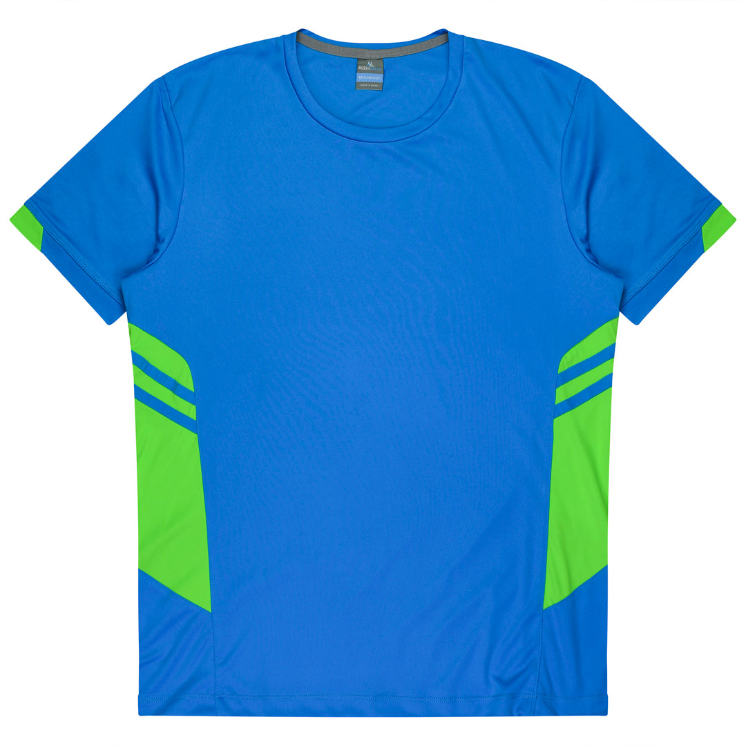 House of Uniforms The Tasman Tee | Kids | Short Sleeve | Blue Base Aussie Pacific Cyan/Neon Green
