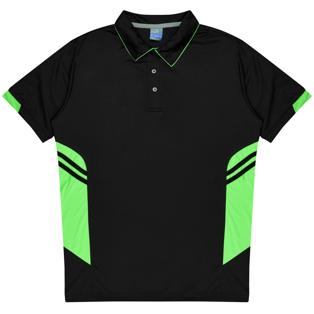 House of Uniforms The Tasman Polo | Kids | Short Sleeve | Black Base Aussie Pacific Black/Neon Green