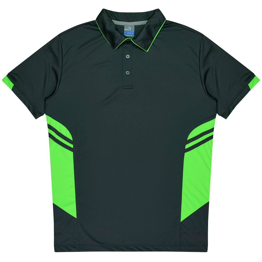 House of Uniforms The Tasman Polo | Kids | Short Sleeve | Grey Base Aussie Pacific Slate/Neon Green